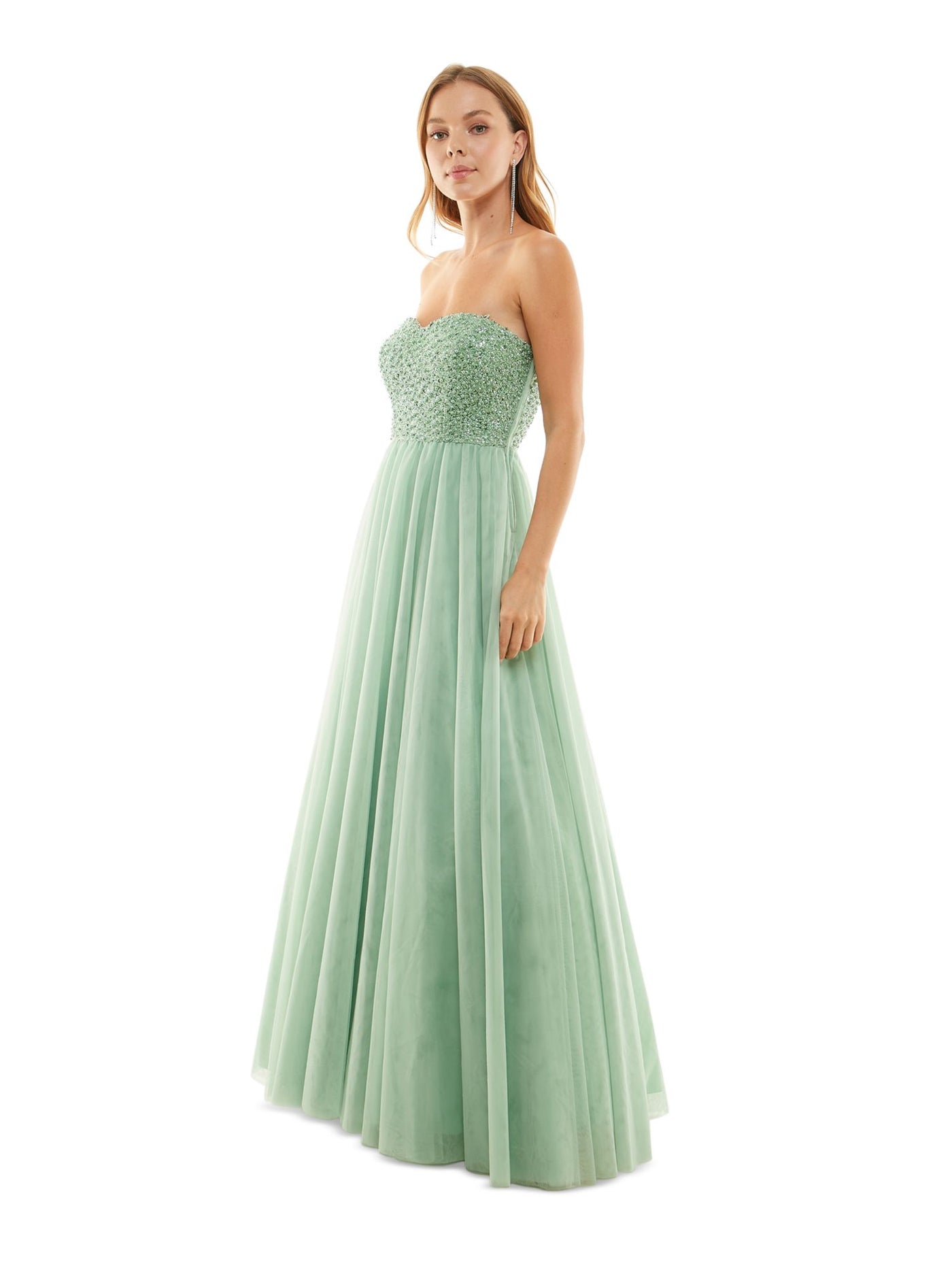 SAY YES TO THE PROM Womens Green Embellished Zippered Padded Lined Tulle Mesh Sleeveless Sweetheart Neckline Full-Length Party Gown Dress 0