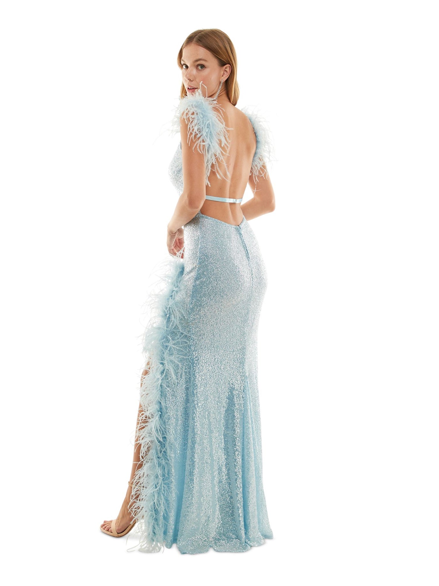 SAY YES TO THE PROM Womens Light Blue Open Back Zippered Feather Trim Front Slit Lined Sleeveless V Neck Full-Length Prom Gown Dress 9