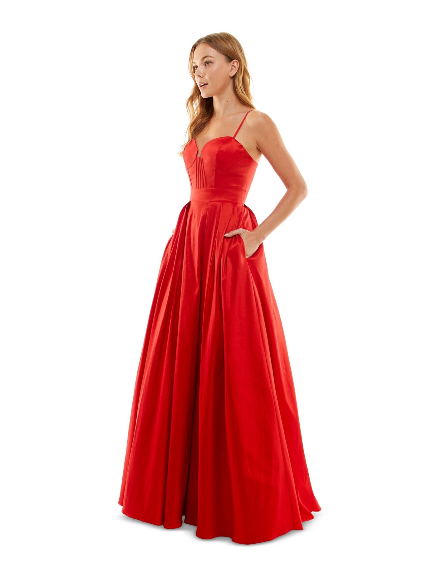 B DARLIN Womens Red Zippered Pleated Boned Corset Pocketed Lined Spaghetti Strap Sweetheart Neckline Full-Length Prom Gown Dress 1\2