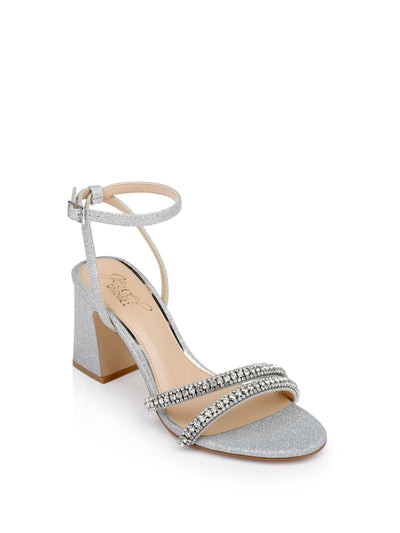 JEWEL BADGLEY MISCHKA Womens Silver Padded Embellished Ankle Strap Glitter Rosa Open Toe Flare Buckle Dress Sandals Shoes 6.5 M