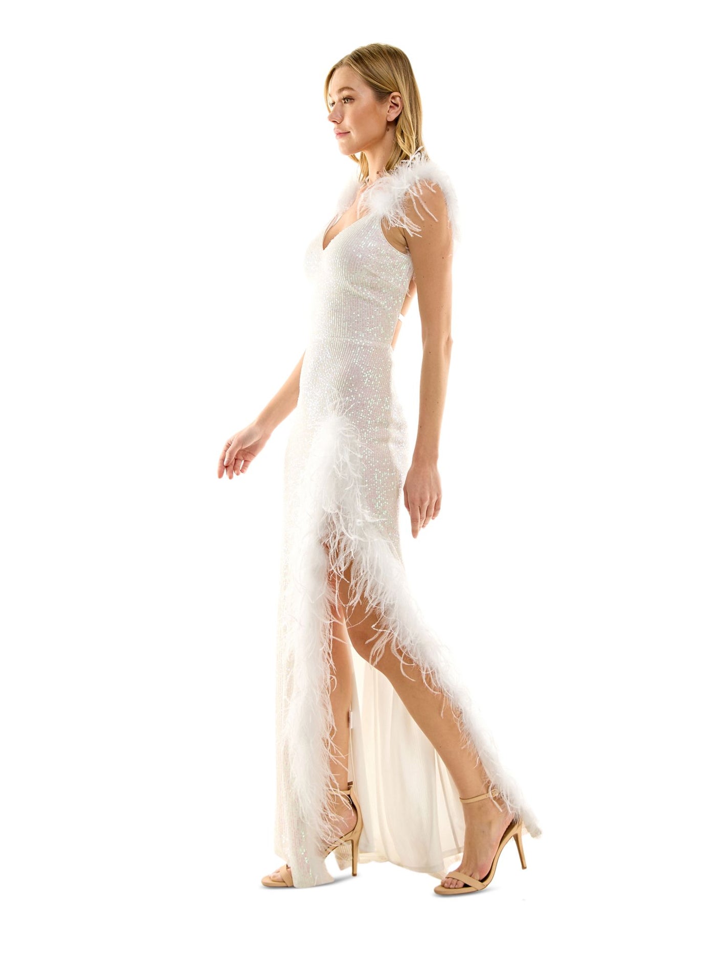 SAY YES TO THE PROM Womens Ivory Zippered Slitted Hook Closure Back Strap Lined Sleeveless V Neck Full-Length Prom Gown Dress Juniors 9