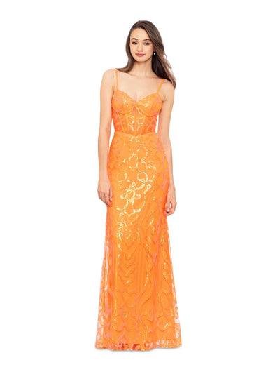 BLONDIE NITES Womens Orange Zippered Padded Cups Partially Lined Spaghetti Strap V Neck Full-Length Evening Gown Dress Juniors 1