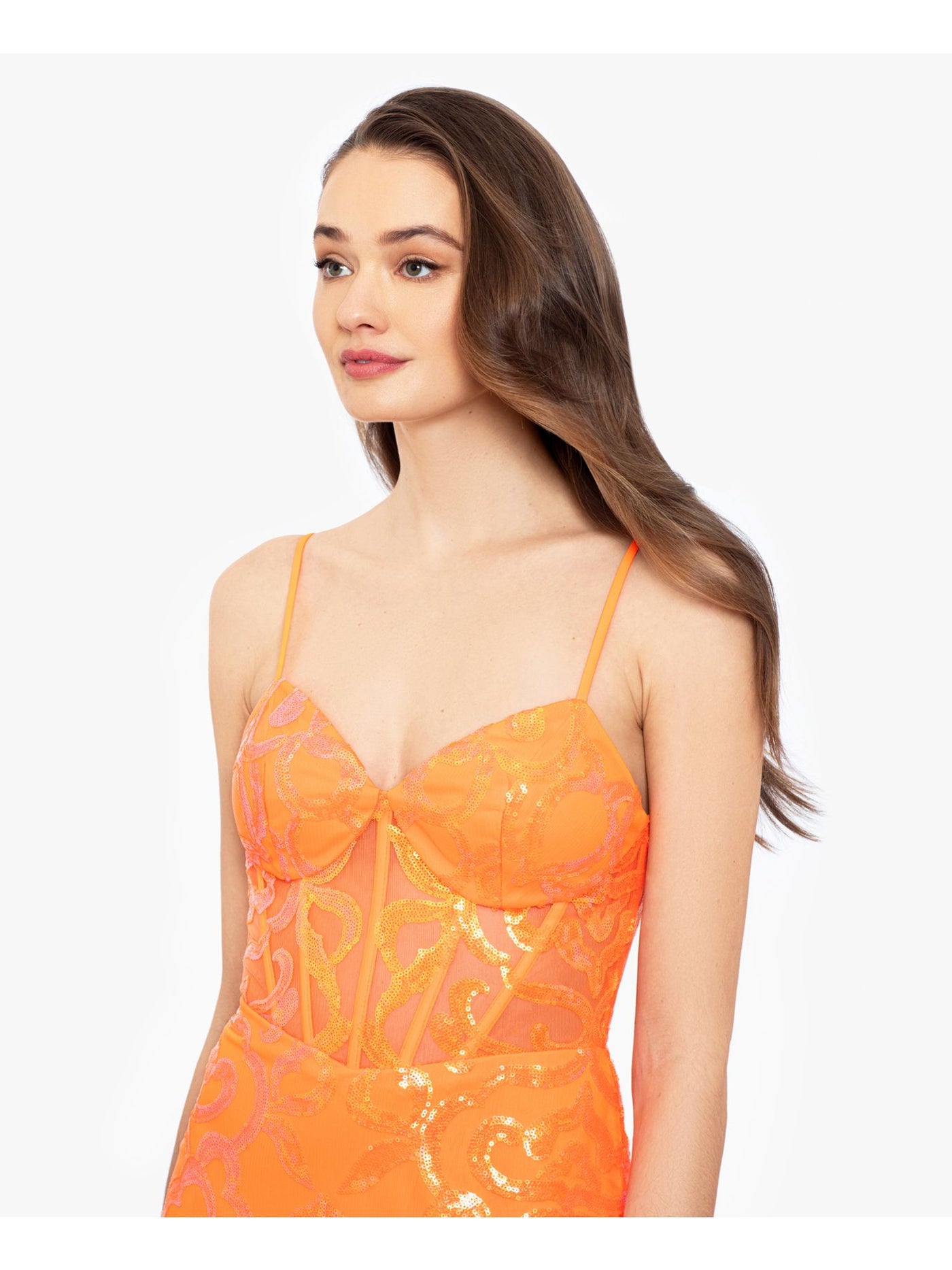 BLONDIE NITES Womens Orange Zippered Padded Cups Partially Lined Spaghetti Strap V Neck Full-Length Evening Gown Dress Juniors 1
