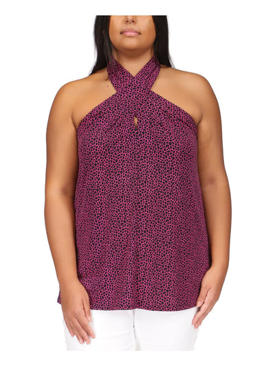 MICHAEL MICHAEL KORS Womens Pink Cut Out Crisscross Open Back Animal Print Sleeveless Halter Cocktail Top Plus 4X