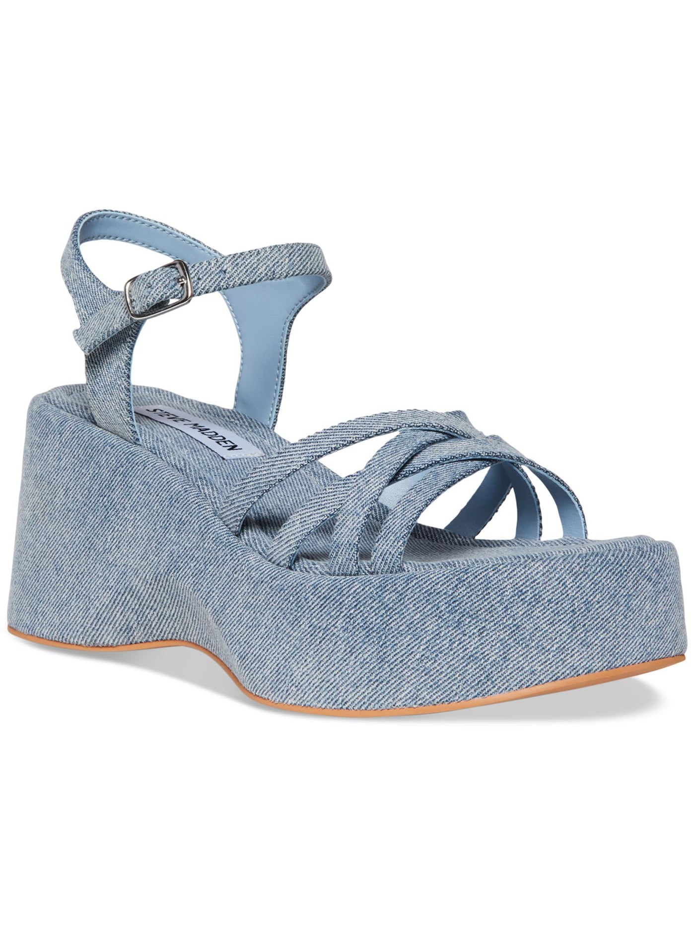 STEVE MADDEN Womens Blue Denim 1-1/2" Platform Ankle Strap Strappy Padded Crazy Square Toe Wedge Buckle Sandals Shoes 8.5 M