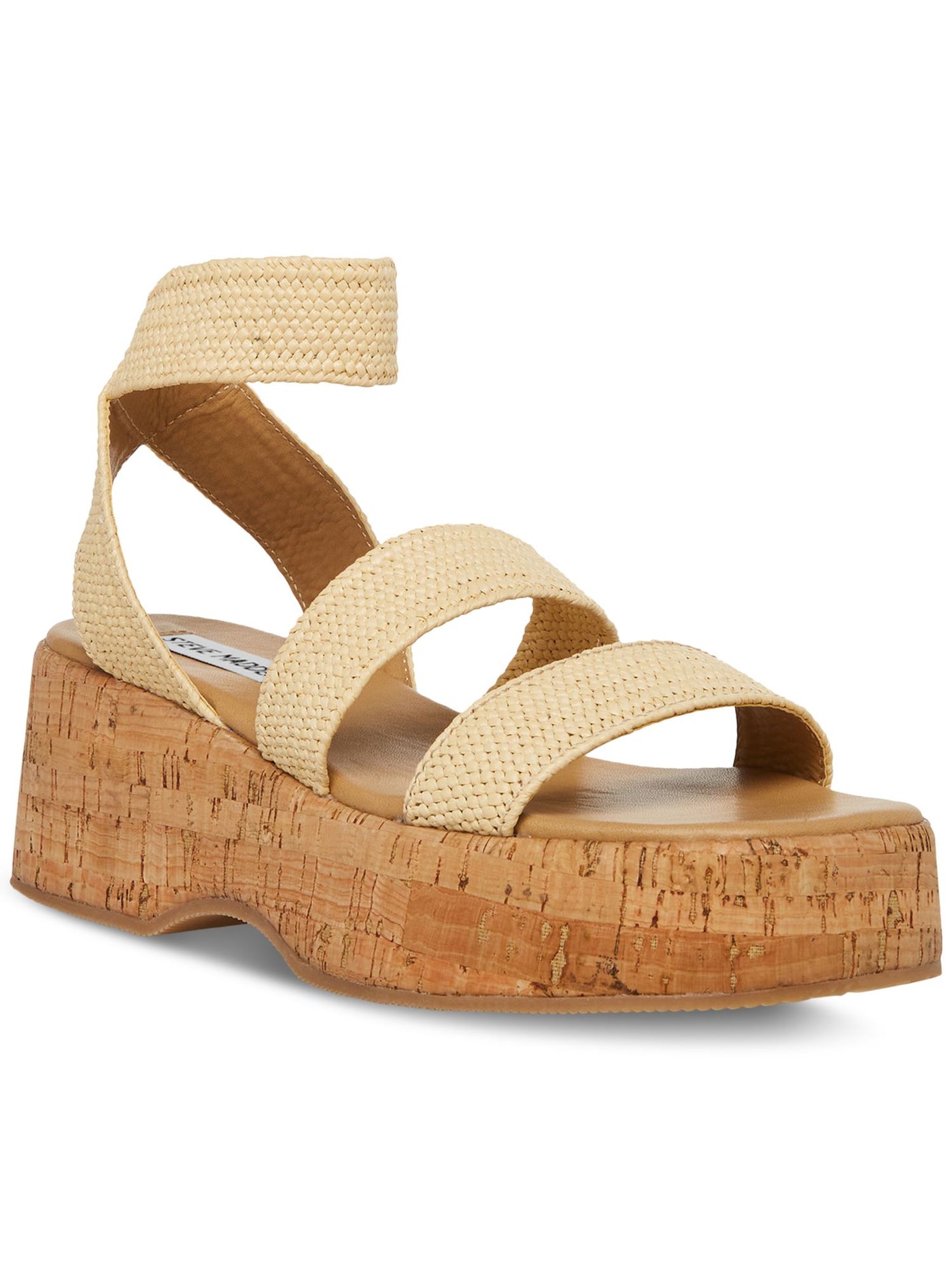 STEVE MADDEN Womens Beige 1-1/2" Cork-Like Platform Padded Woven Ankle Strap Sashes Square Toe Wedge Slip On Heeled Sandal 6 M