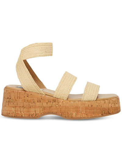 STEVE MADDEN Womens Beige 1-1/2" Cork-Like Platform Padded Woven Ankle Strap Sashes Square Toe Wedge Slip On Heeled Sandal 6 M