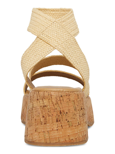 STEVE MADDEN Womens Beige 1-1/2" Cork-Like Platform Padded Woven Ankle Strap Sashes Square Toe Wedge Slip On Heeled Sandal 8 M