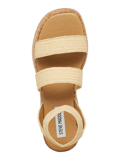 STEVE MADDEN Womens Beige 1-1/2" Cork-Like Platform Padded Woven Ankle Strap Sashes Square Toe Wedge Slip On Heeled Sandal 8 M