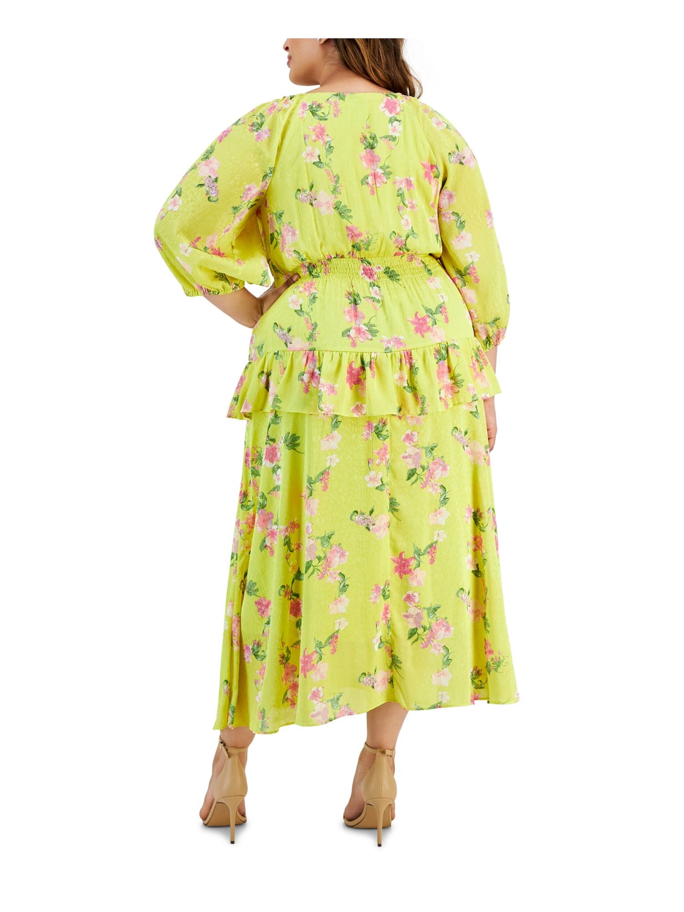 TAYLOR Womens Yellow Ruffled Lined Smocked Waist Floral 3/4 Sleeve V Neck Maxi Wear To Work Empire Waist Dress Plus 22W