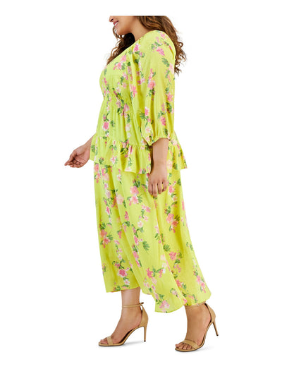 TAYLOR Womens Yellow Ruffled Lined Smocked Waist Floral 3/4 Sleeve V Neck Maxi Wear To Work Empire Waist Dress Plus 22W