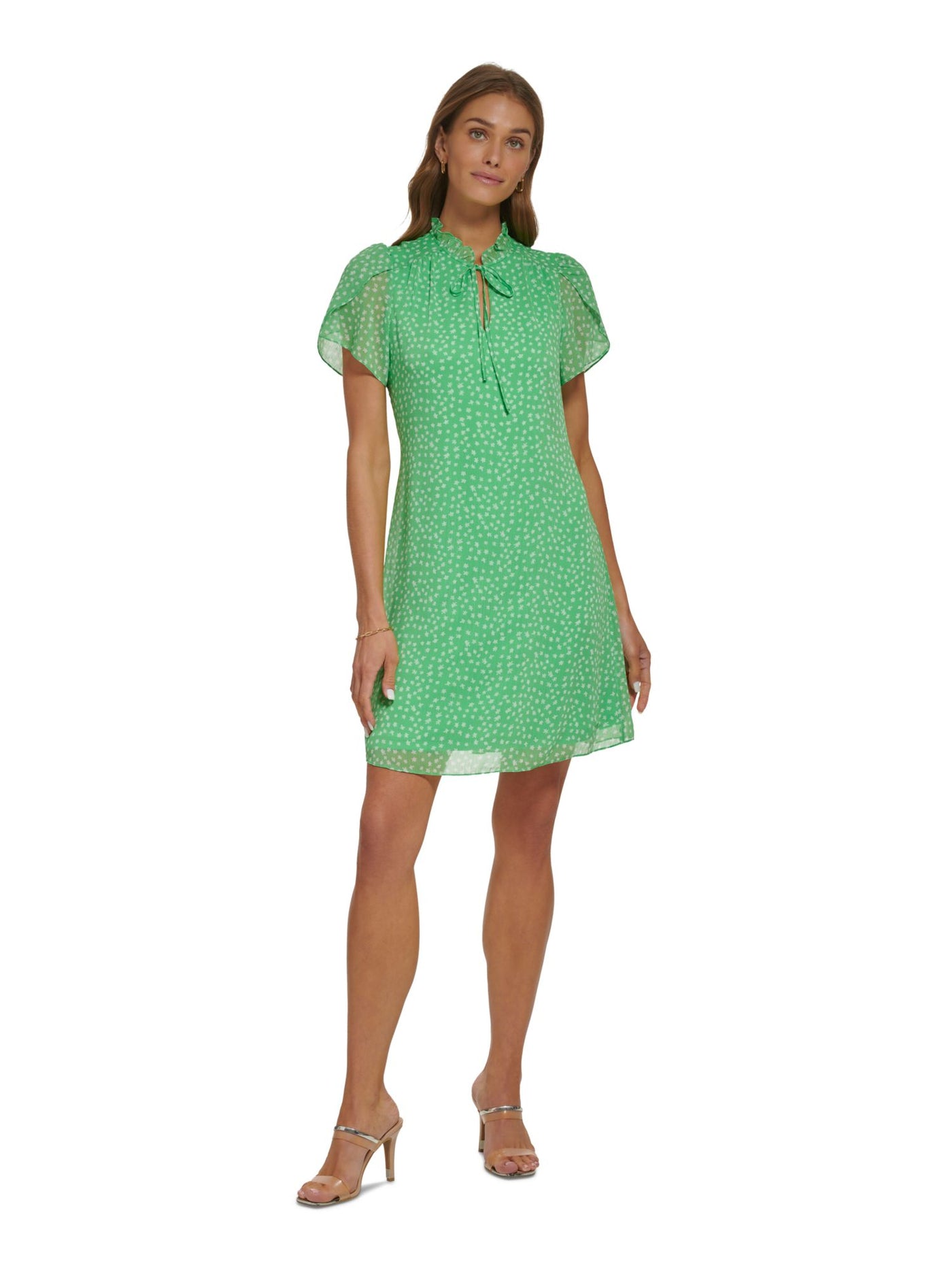 DKNY Womens Green Tie Ruffled Lined Floral Tulip Sleeve Split Above The Knee Sheath Dress Petites 2P