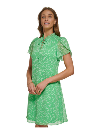 DKNY Womens Green Tie Ruffled Lined Floral Tulip Sleeve Split Above The Knee Sheath Dress Petites 2P