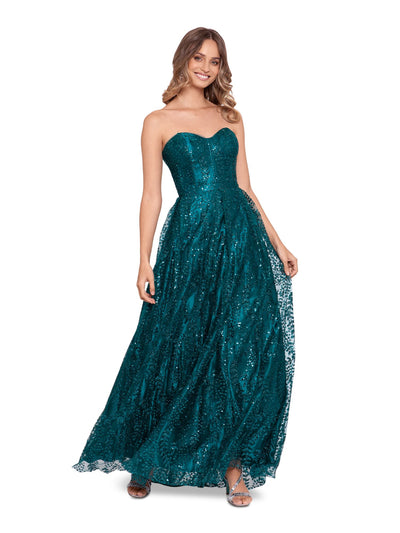 BLONDIE NITES Womens Green Zippered Pocketed Pleated Skirt Lined Sleeveless Sweetheart Neckline Full-Length Prom Gown Dress Juniors 11