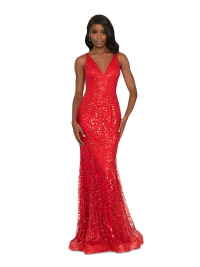 BLONDIE NITES Womens Red Cut Out Zippered Lace-up Back Lined Sleeveless V Neck Full-Length Evening Gown Dress 1