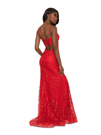 BLONDIE NITES Womens Red Cut Out Zippered Lace-up Back Lined Sleeveless V Neck Full-Length Evening Gown Dress 1