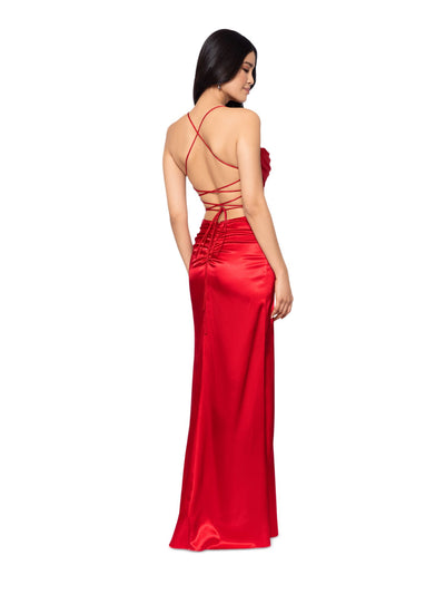 BLONDIE NITES Womens Red Zippered Slitted Draped Neck Lace-up Open Back Full-Length Formal Gown Dress Juniors 1