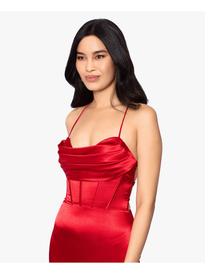 BLONDIE NITES Womens Red Zippered Slitted Draped Neck Lace-up Open Back Full-Length Formal Gown Dress Juniors 1