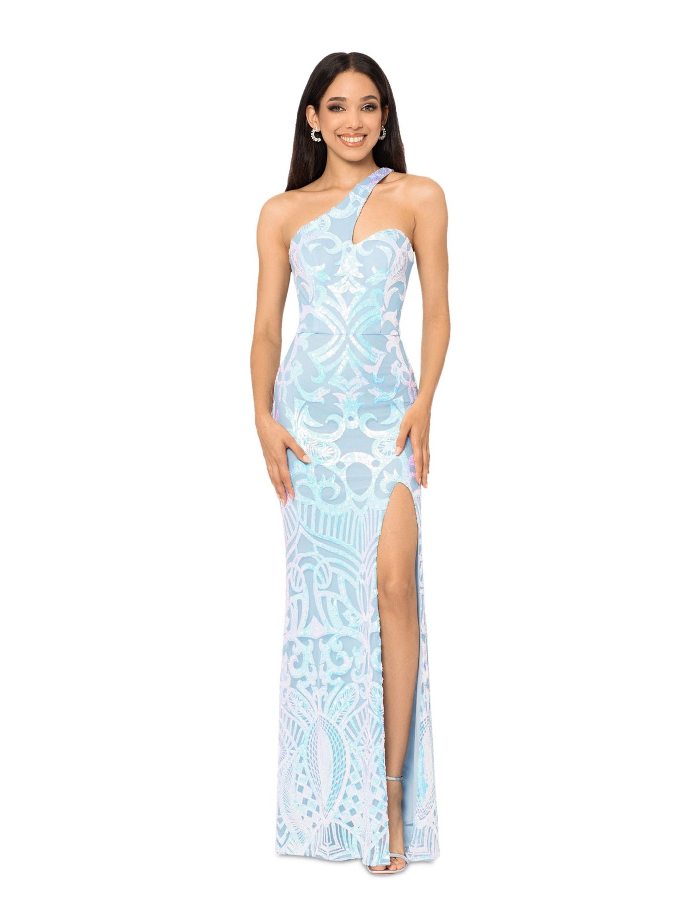 BLONDIE NITES Womens Light Blue Sequined Zippered Lined Sleeveless Asymmetrical Neckline Maxi Cocktail Gown Dress 1