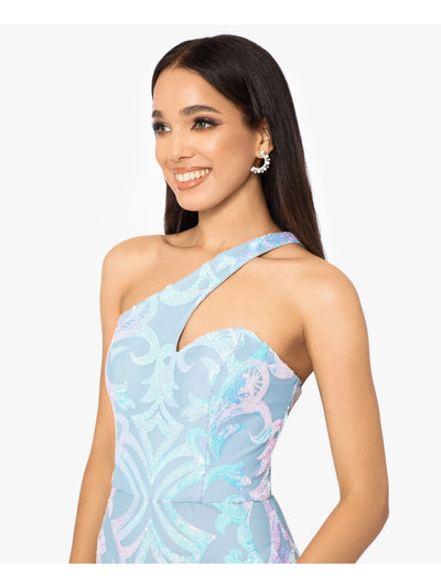 BLONDIE NITES Womens Light Blue Sequined Zippered Lined Sleeveless Asymmetrical Neckline Maxi Cocktail Gown Dress 1