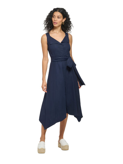 DKNY Womens Navy Belted Fold-over Collar Asymmetric Hem Sleeveless V Neck Midi Fit + Flare Dress 16