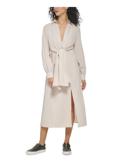 DKNY Womens Beige Slitted Layered Bodice Tie-waist Long Sleeve V Neck Midi Wear To Work Sheath Dress 8