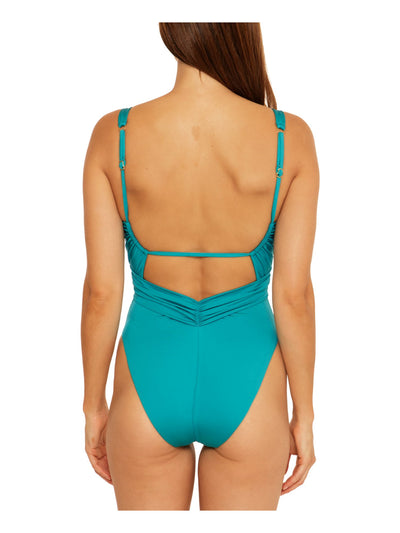 TRINA TURK Women's Teal Stretch Ruched Deep V Neck Monaco Cheeky One Peice 14