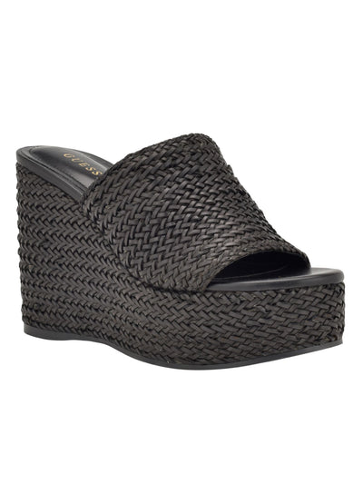 GUESS Womens Black 1-1/2" Platform Woven Padded Yenisa Open Toe Wedge Slip On Heeled Sandal 10 M