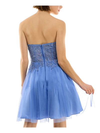 BCX DRESS Womens Blue Zippered Rhinestone Padded Boning Sheer Lined Floral Sleeveless Sweetheart Neckline Short Party Fit + Flare Dress Juniors 15