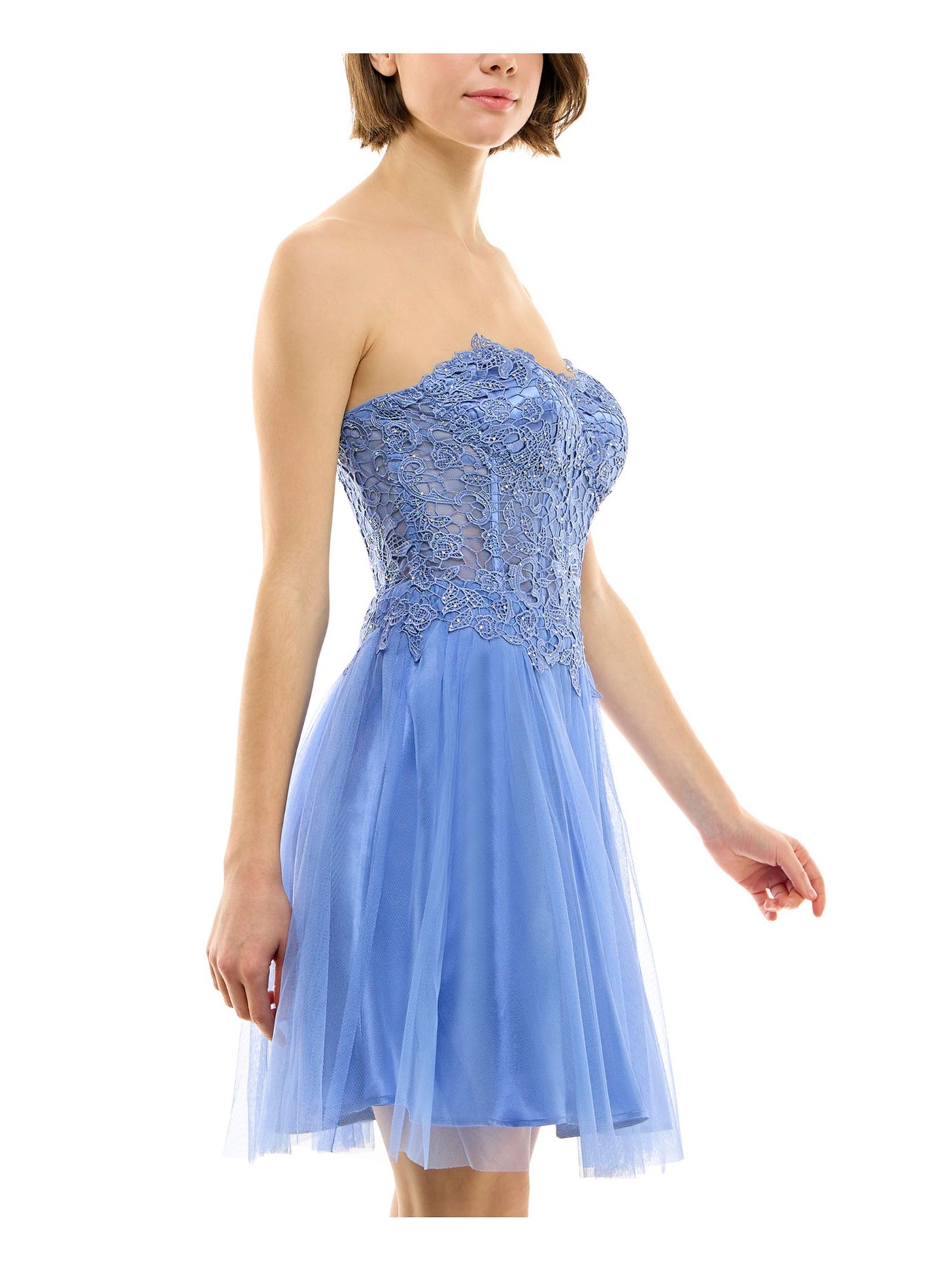 BCX DRESS Womens Light Blue Zippered Rhinestone Padded Boning Sheer Lined Floral Sleeveless Sweetheart Neckline Short Party Fit + Flare Dress Juniors 3