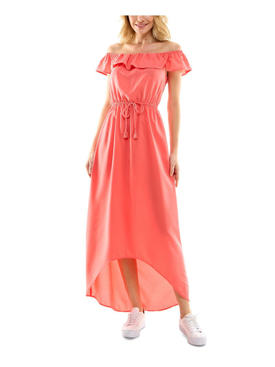 KINGSTON GREY Womens Coral Ruffled Tie Elastic Waist Flutter Sleeve Off Shoulder Maxi Party Hi-Lo Dress XXS