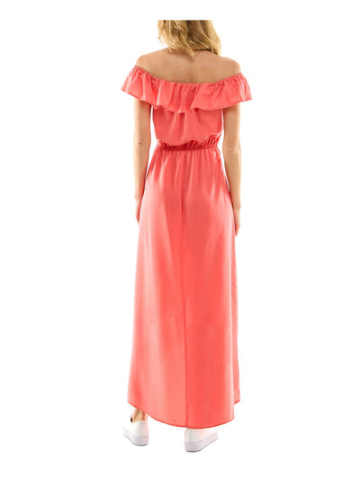 KINGSTON GREY Womens Coral Ruffled Tie Elastic Waist Flutter Sleeve Off Shoulder Maxi Party Hi-Lo Dress XXS