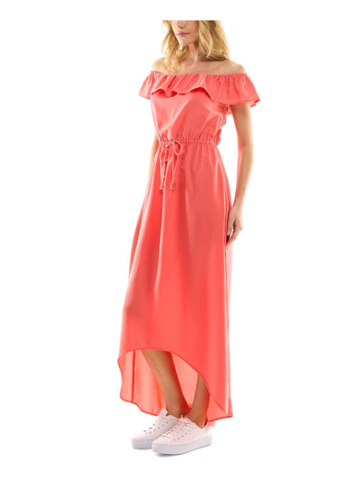 KINGSTON GREY Womens Coral Ruffled Tie Elastic Waist Flutter Sleeve Off Shoulder Maxi Party Hi-Lo Dress XXS