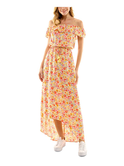 KINGSTON GREY Womens Yellow Unlined Drawstring Waist Hi-lo Hem Floral Flutter Sleeve Off Shoulder Maxi Sheath Dress XS