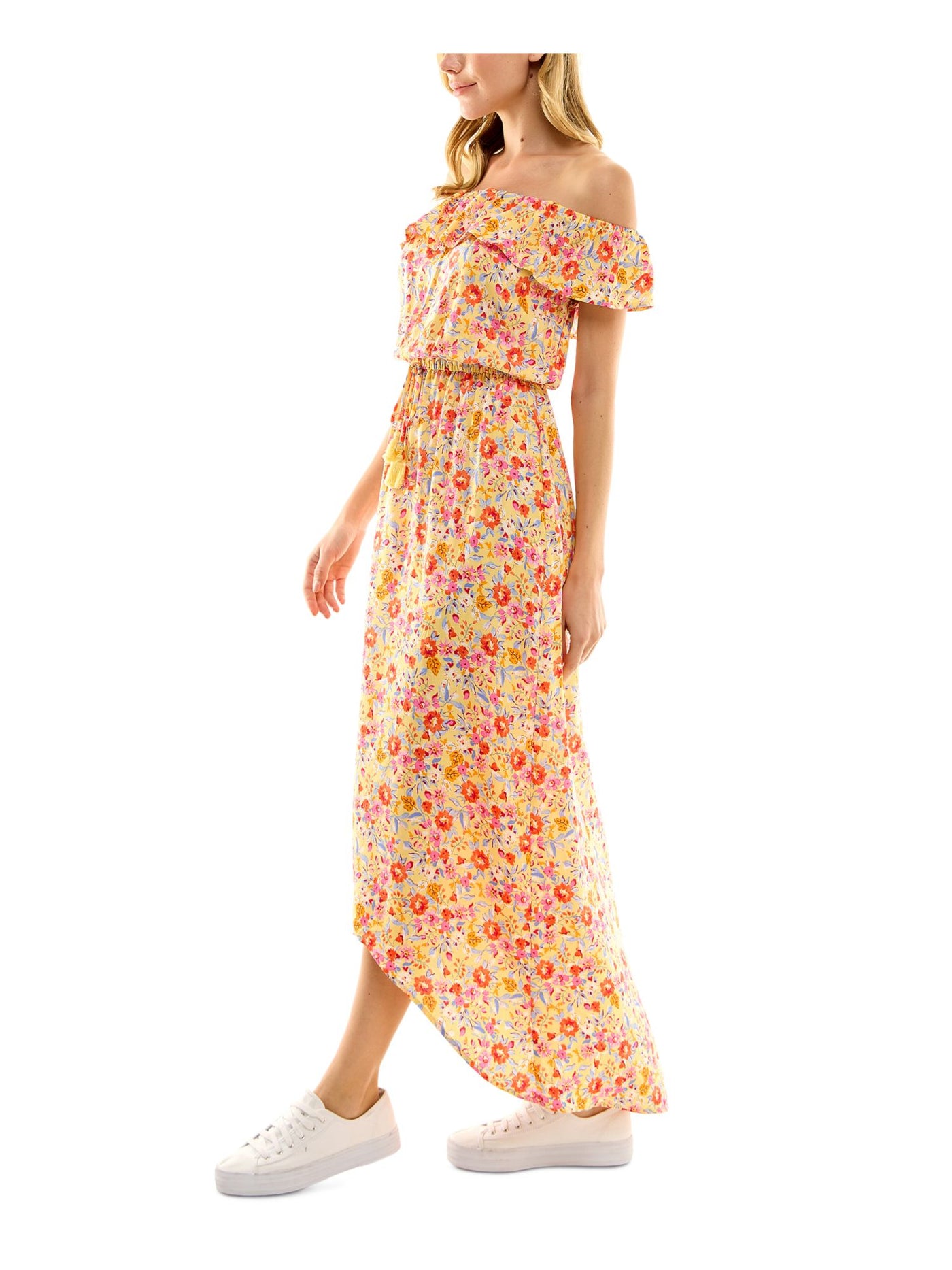 KINGSTON GREY Womens Yellow Unlined Drawstring Waist Hi-lo Hem Floral Flutter Sleeve Off Shoulder Maxi Sheath Dress XS