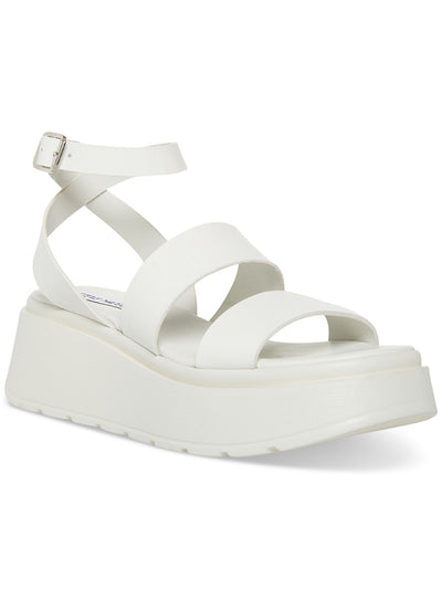 STEVE MADDEN Womens White 1-1/2" Platform Ankle Strap Padded Tenysi Square Toe Wedge Buckle Leather Heeled Sandal 9