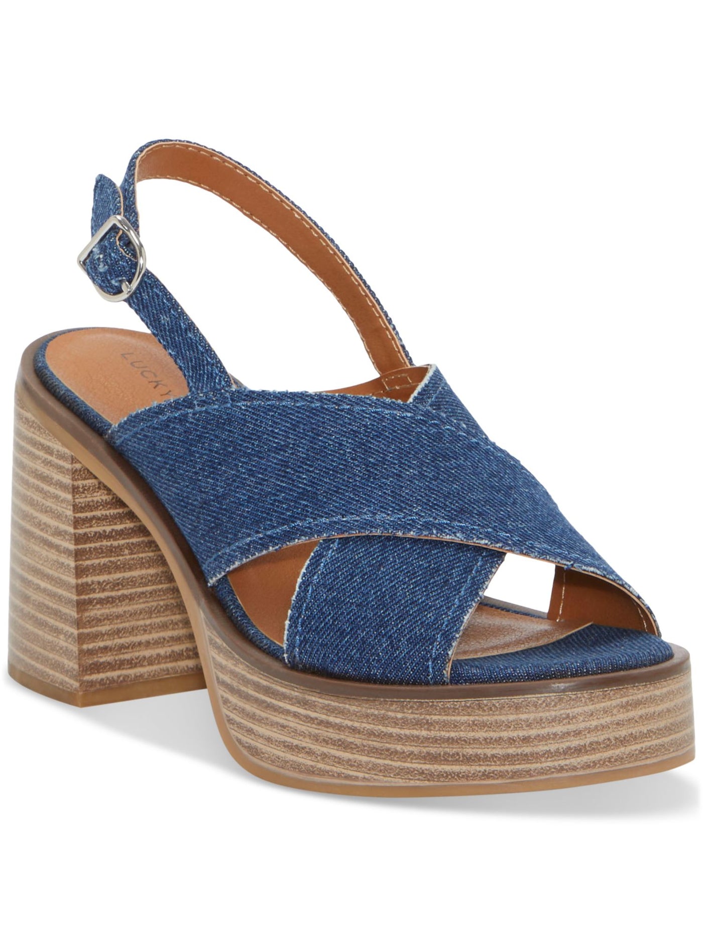 LUCKY BRAND Womens Navy Denim 1" Platform Padded Adjustable Delmie Round Toe Stacked Heel Buckle Slingback Sandal 9.5