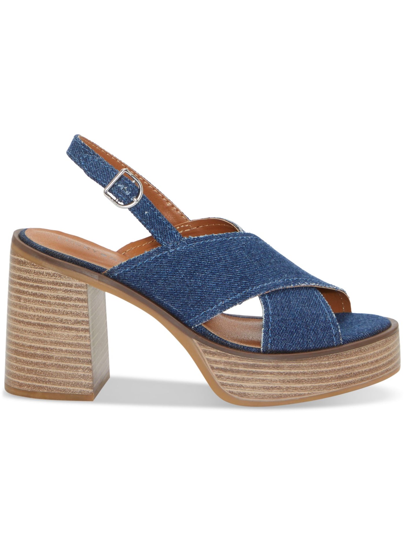 LUCKY BRAND Womens Navy Denim 1" Platform Padded Adjustable Delmie Round Toe Stacked Heel Buckle Slingback Sandal 9.5