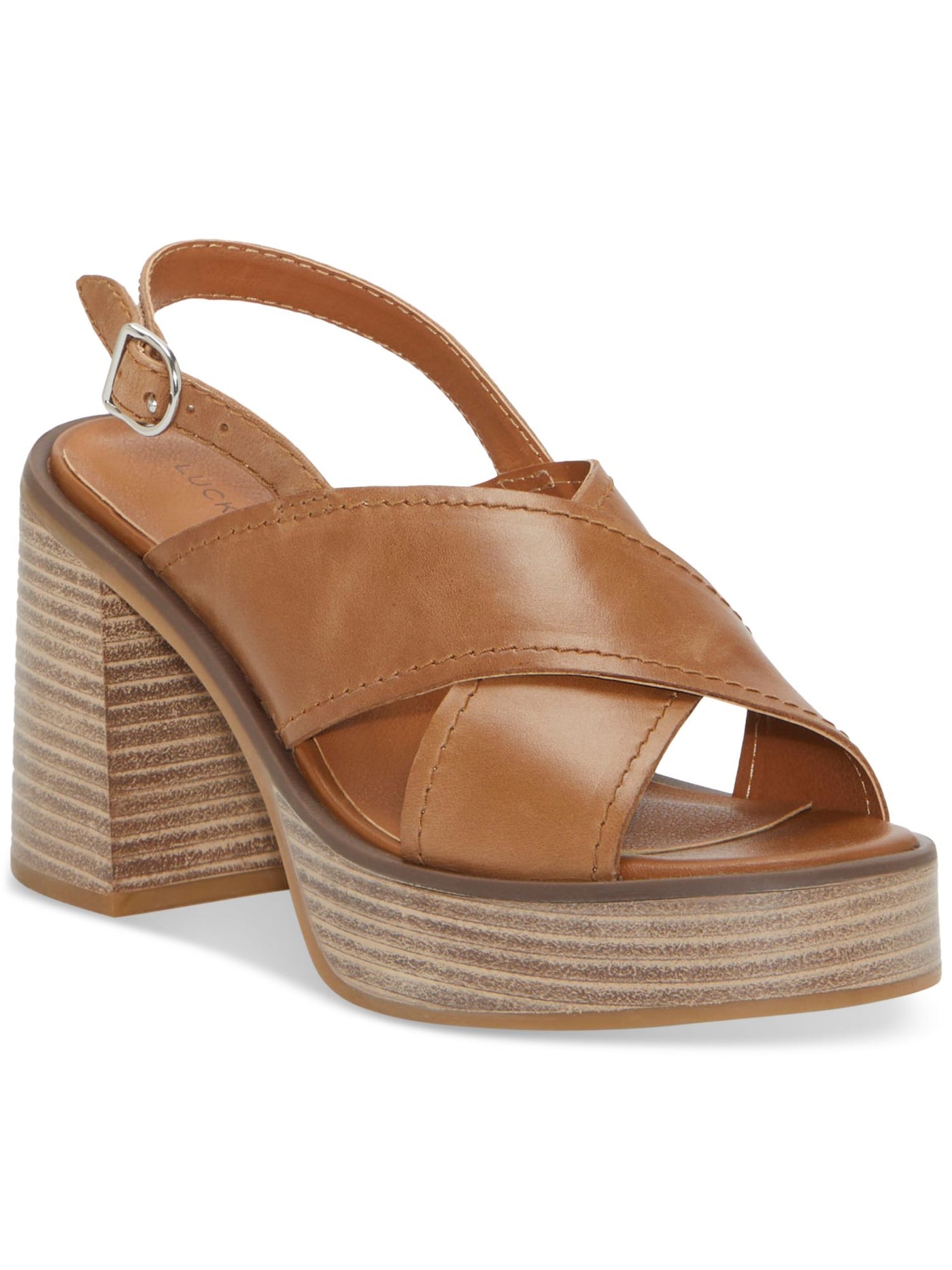 LUCKY BRAND Womens Brown 1" Platform Crisscross Straps Padded Delmie Round Toe Stacked Heel Buckle Leather Slingback Sandal 9 M