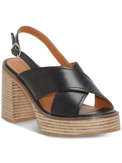 LUCKY BRAND Womens Black Padded Delmie Round Toe Stacked Heel Buckle Leather Slingback Sandal 6.5