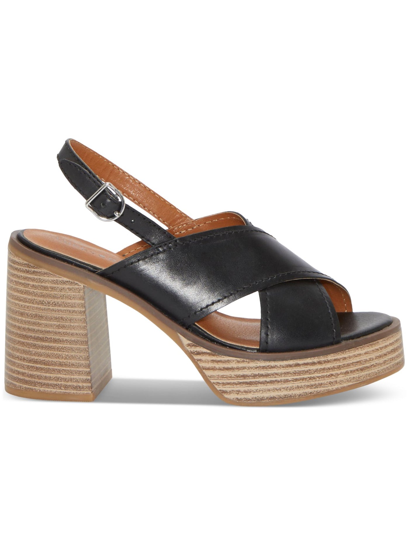 LUCKY BRAND Womens Black Padded Delmie Round Toe Stacked Heel Buckle Leather Slingback Sandal 6.5