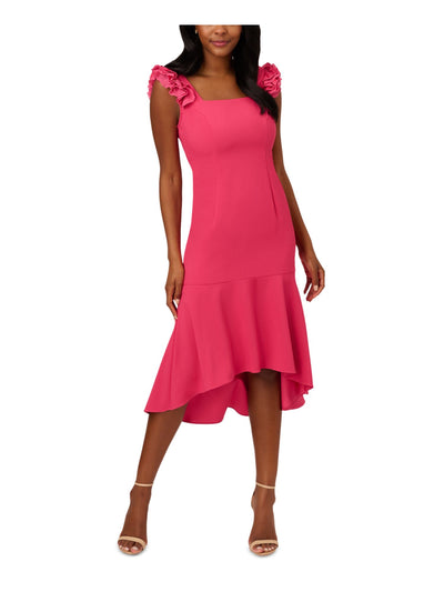 ADRIANNA PAPELL Womens Pink Ruffled Zippered Flounce Hem Lined Sleeveless Square Neck Midi Cocktail Hi-Lo Dress 10