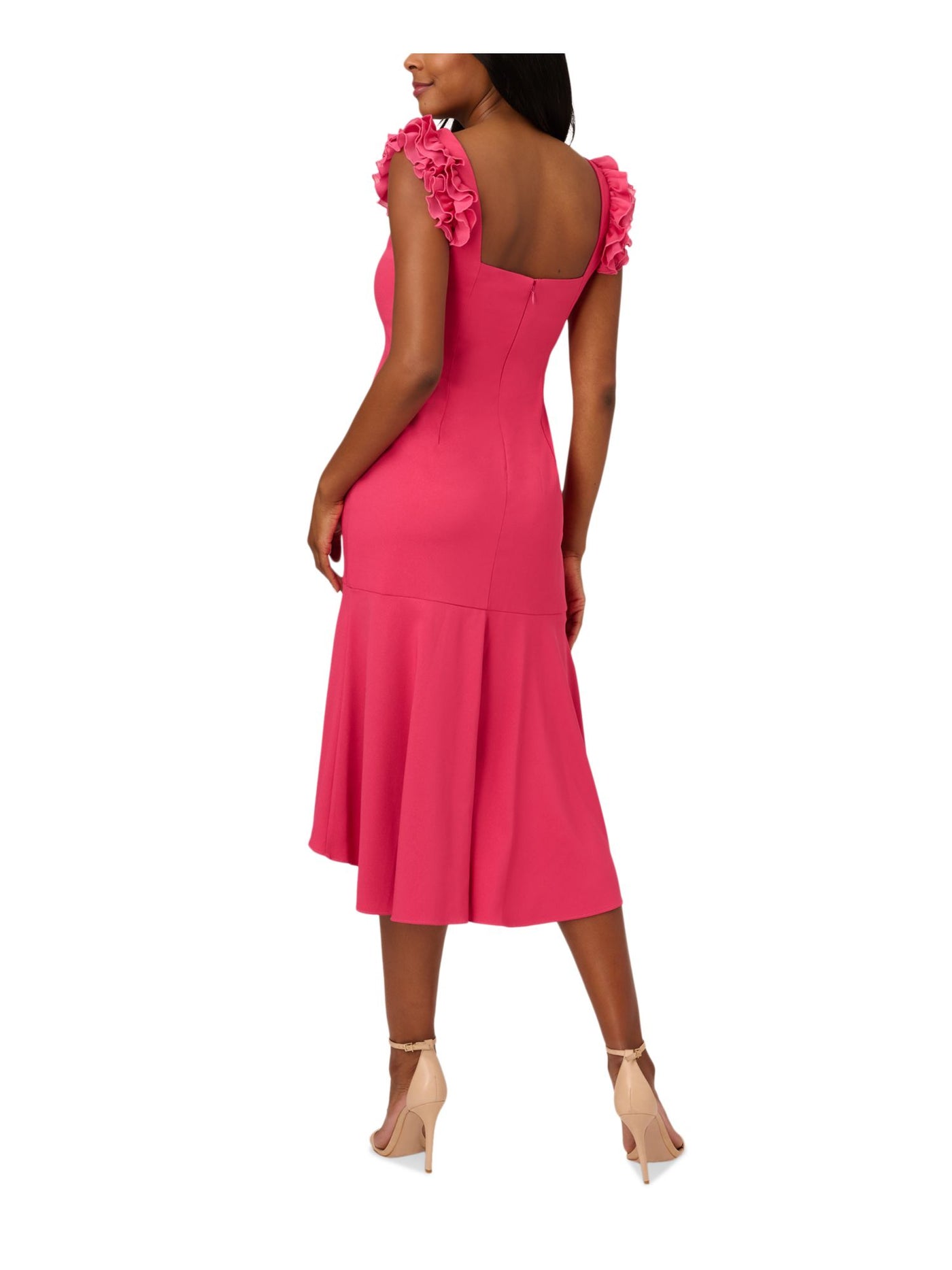 ADRIANNA PAPELL Womens Pink Ruffled Zippered Flounce Hem Lined Sleeveless Square Neck Midi Cocktail Hi-Lo Dress 10