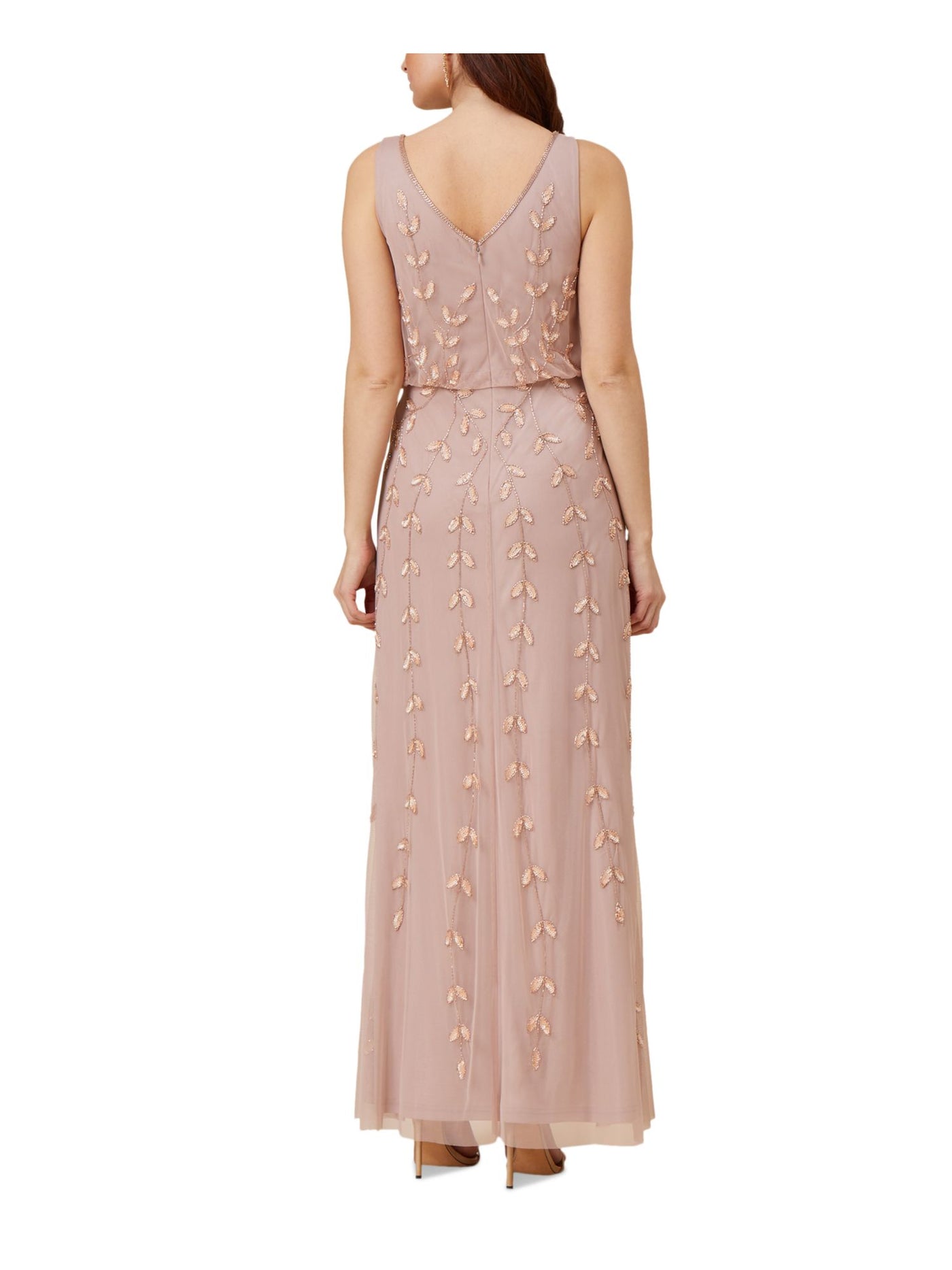 ADRIANNA PAPELL Womens Pink Embellished Zippered Blouson Bodice Lined Sleeveless V Neck Full-Length Evening Gown Dress 4