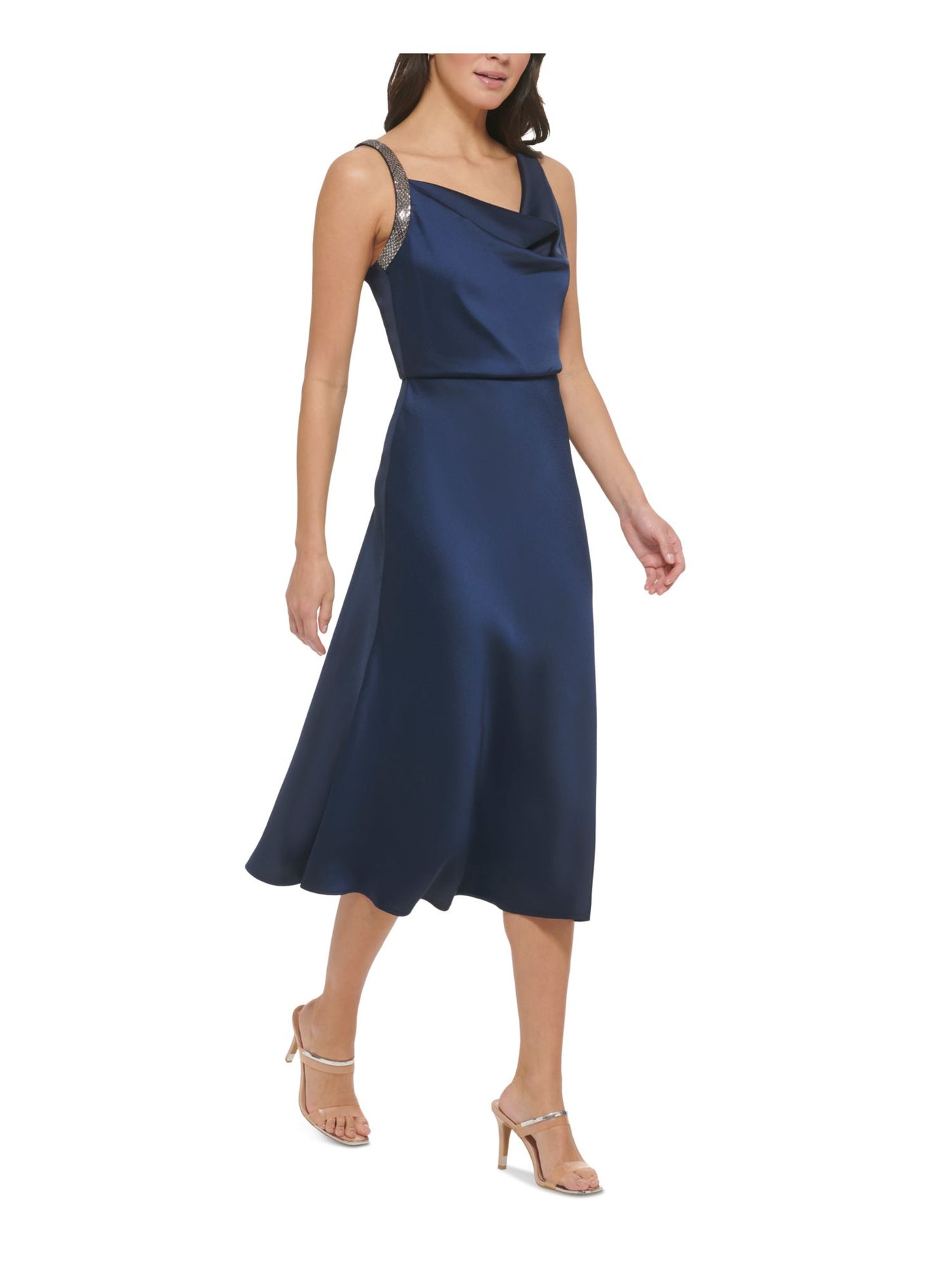 DKNY Womens Navy Zippered Unlined Sleeveless Cowl Neck Midi Party Fit + Flare Dress 6