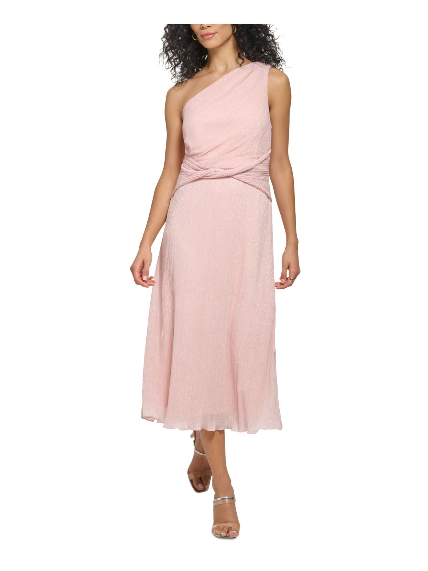 DKNY Womens Pink Gathered Twist Front Zippered Lined Sleeveless Asymmetrical Neckline Midi Evening Fit + Flare Dress 14