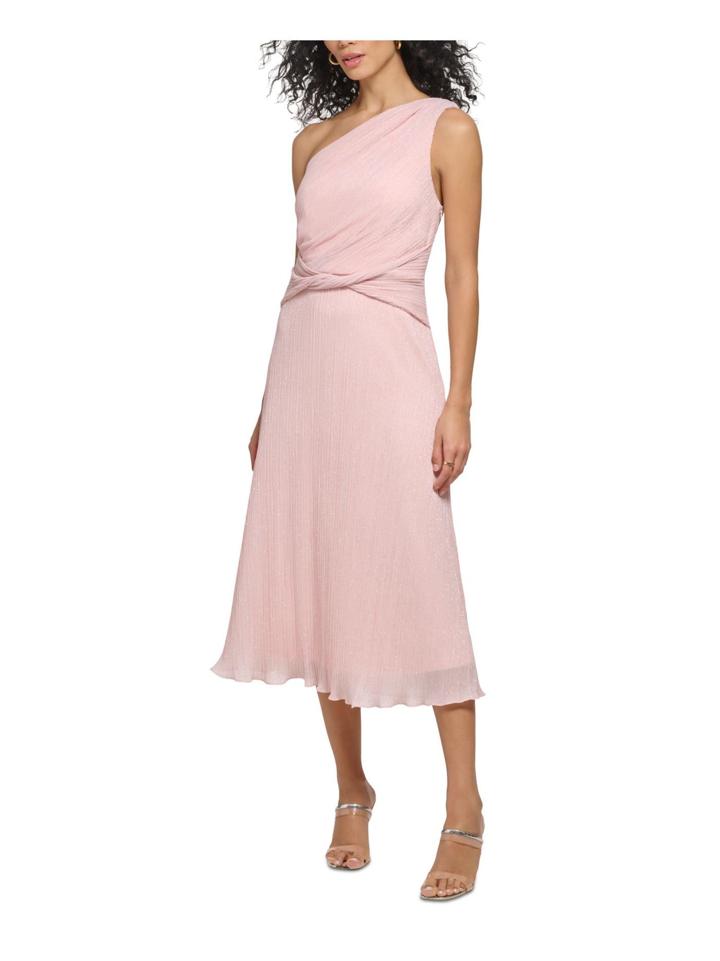 DKNY Womens Pink Gathered Twist Front Zippered Lined Sleeveless Asymmetrical Neckline Midi Evening Fit + Flare Dress 14