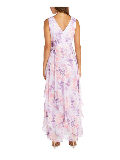 R&M RICHARDS PETITE Womens Purple Zippered Embellished Asymmetrical Hem Lined Floral Sleeveless Surplice Neckline Full-Length Trapeze Dress Petites 8P