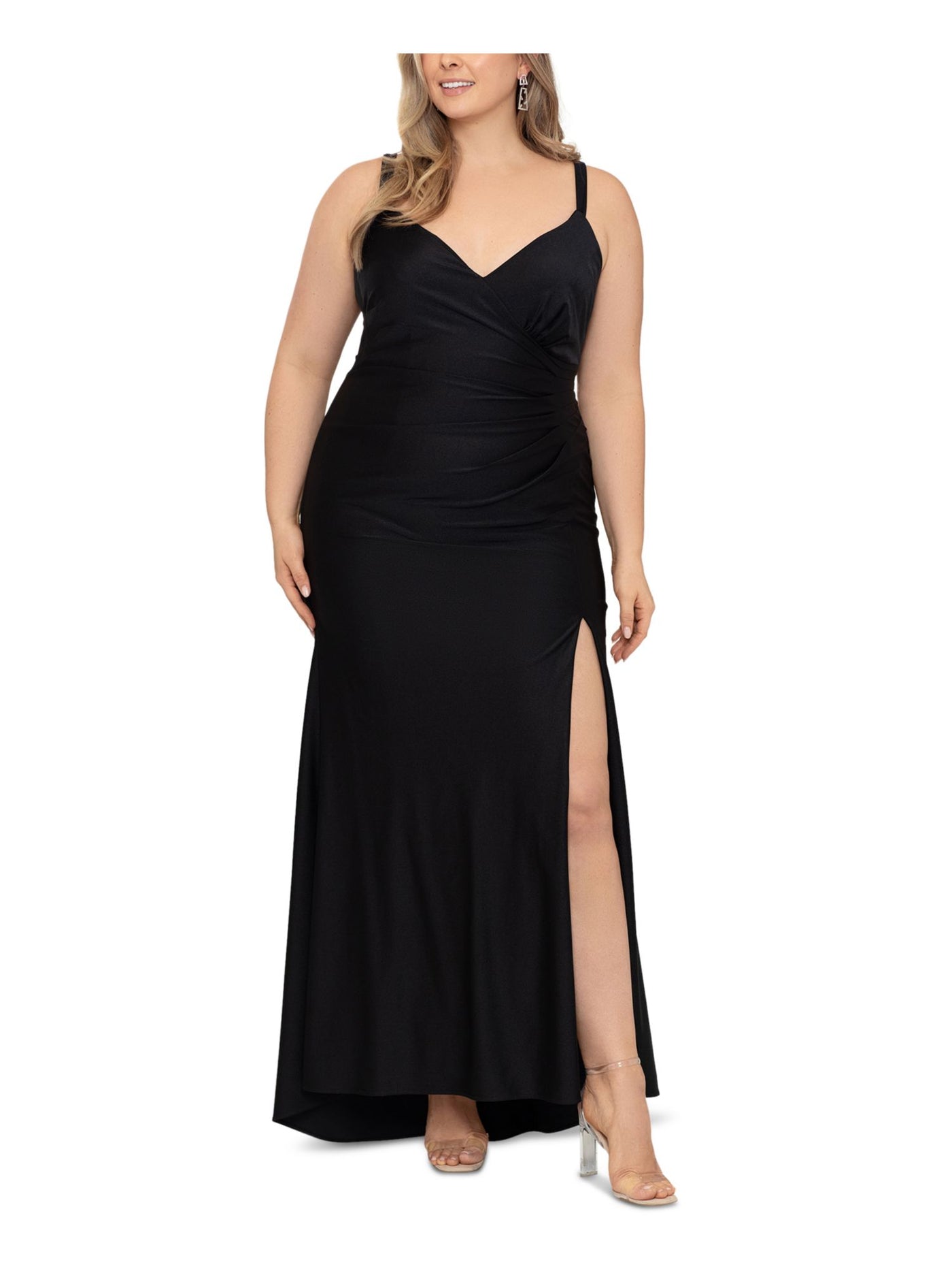 XSCAPE Womens Black Slitted Lined Zippered Sleeveless V Neck Maxi Cocktail Sheath Dress Plus 16W