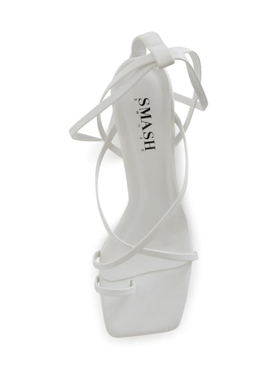 SMASH SHOES Womens White Toe Strap Strappy Padded Mona Square Toe Sculpted Heel Lace-Up Dress Heeled Sandal 11